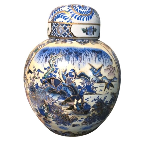 Vintage Ginger Jar Blue & White Porcelain Lid Hand-Painted Birds & Floral Motif - Picture 1 of 11
